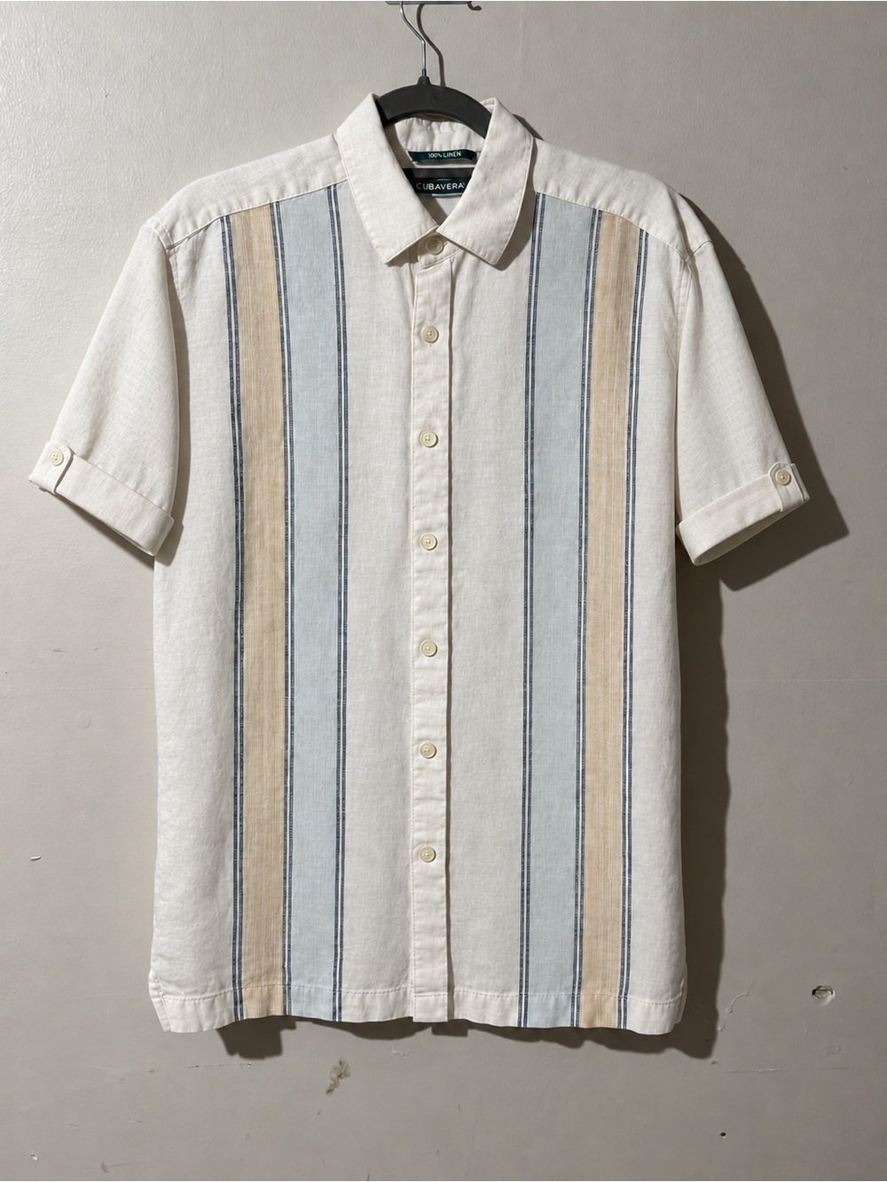 Cubavera Cream Short-Sleeve Button-Down with Blue & Tan Stripes Sz Small